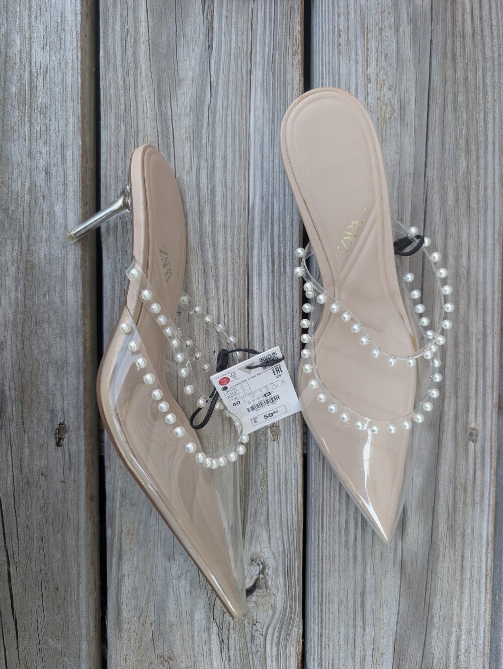 Zara Heels NWT Size 9 EU 40 White Tan Pearl Clear Kitten Coquette Coctail Fancy